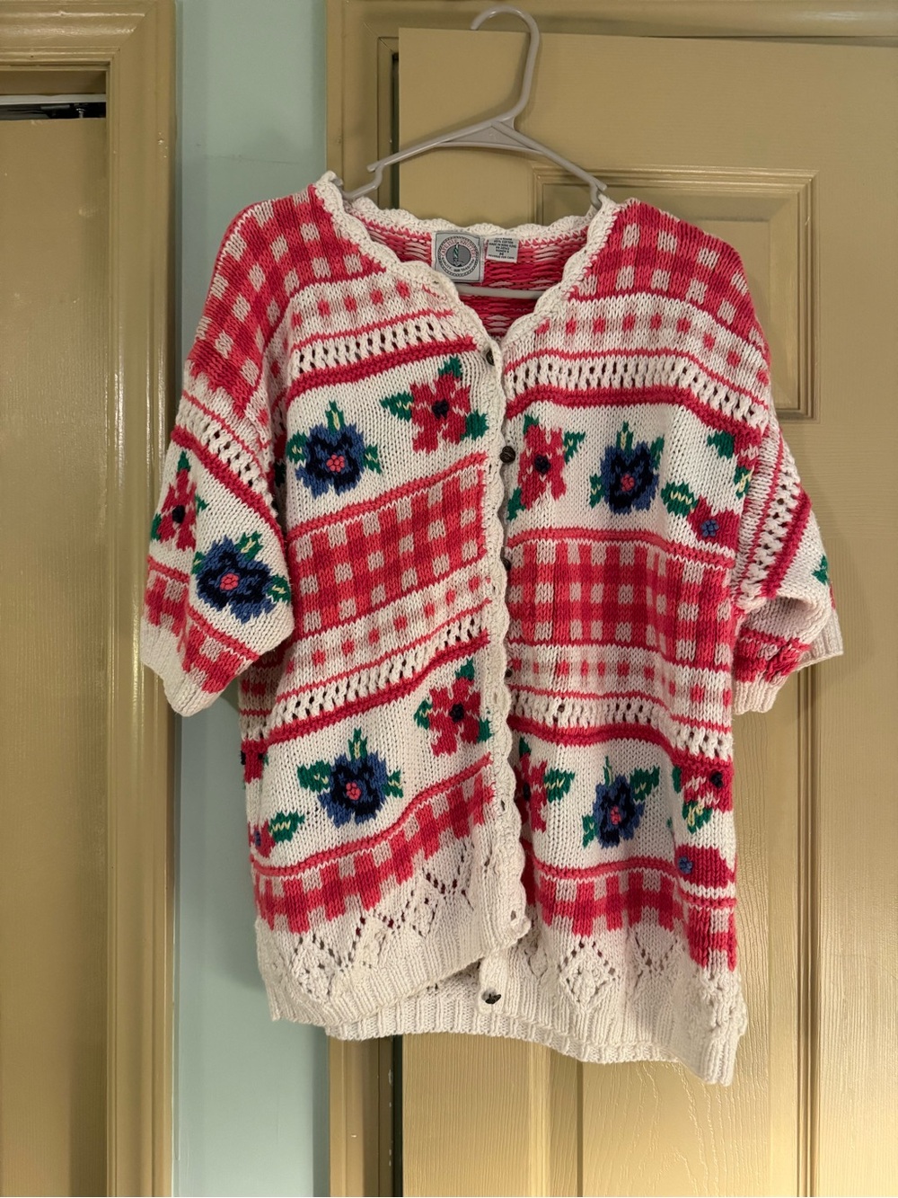 Vintage Floral Patchwork Knit Cardigan Sweater - Pink & White gingham